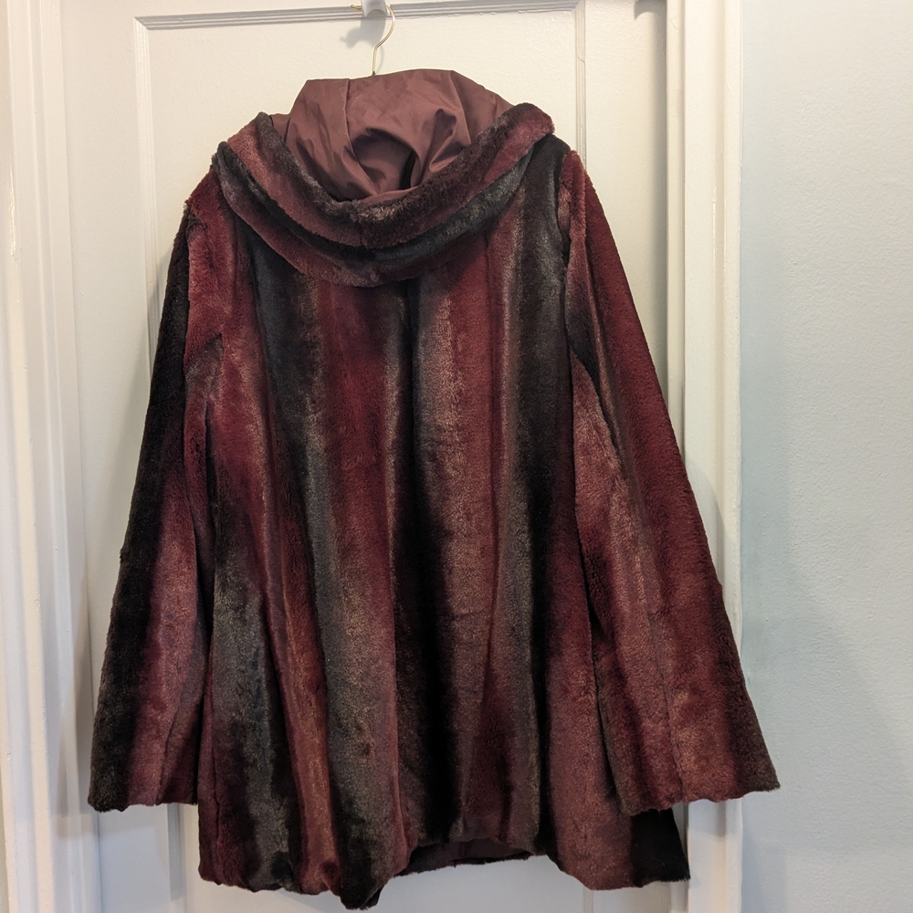 Burgundy Faux Fur Hooded Coat - Picture 2 of 3